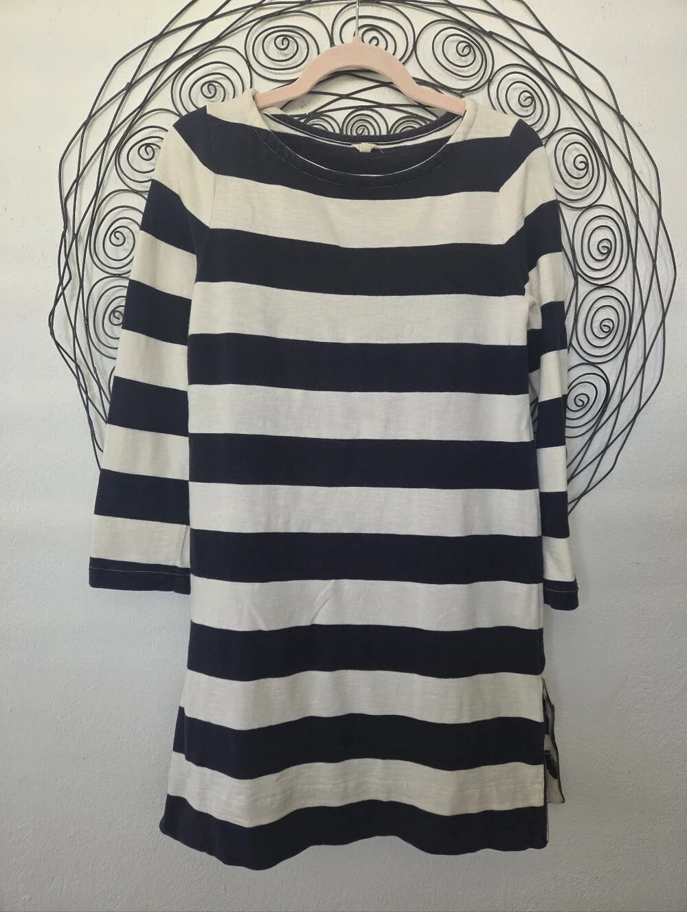 J.Crew XS Navy & Ivory Striped Cotton Boat Neck Nautical Dress Side Zippers
